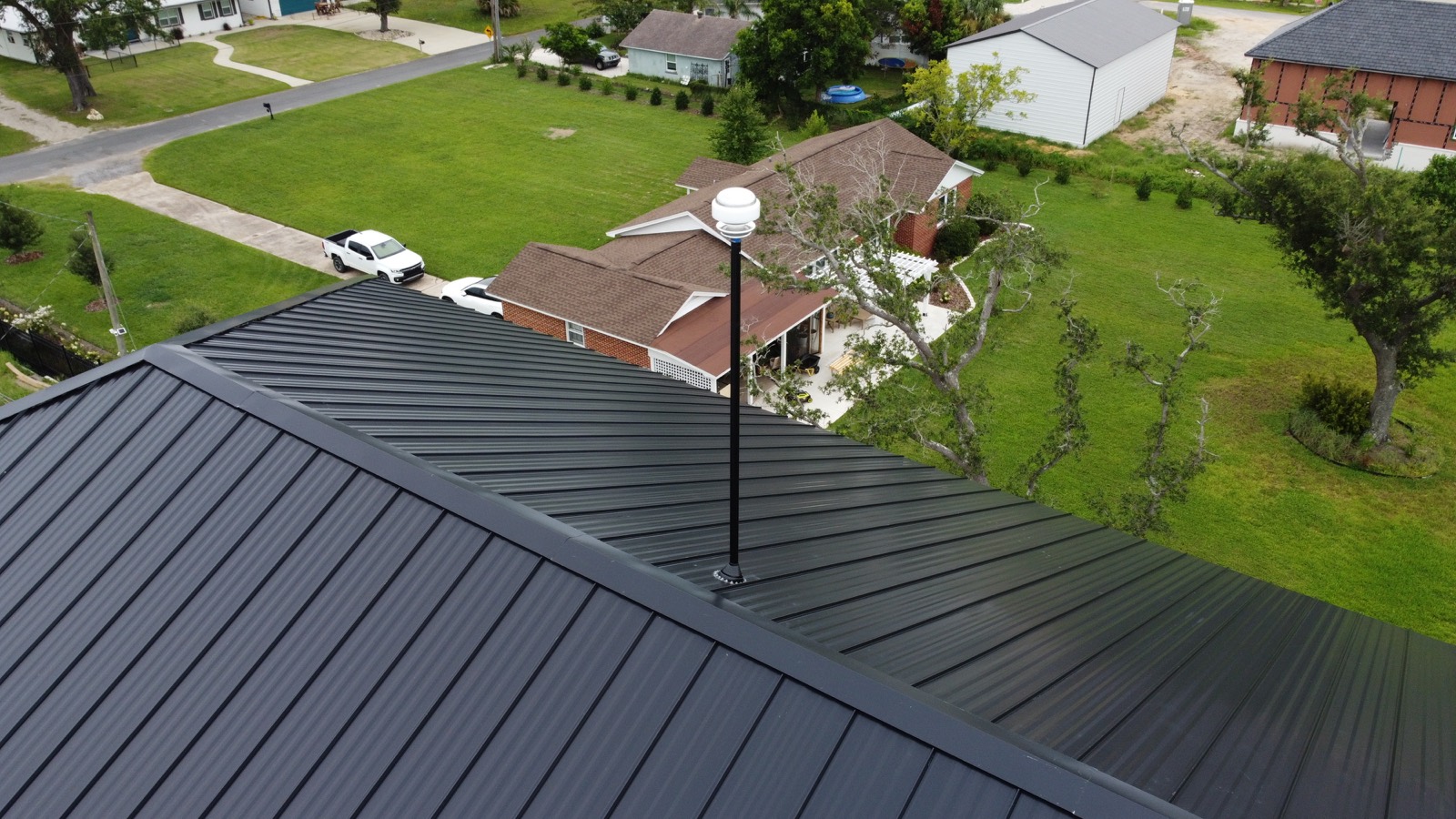 Lightning protection system on a Florida home overlooking the neighborhood