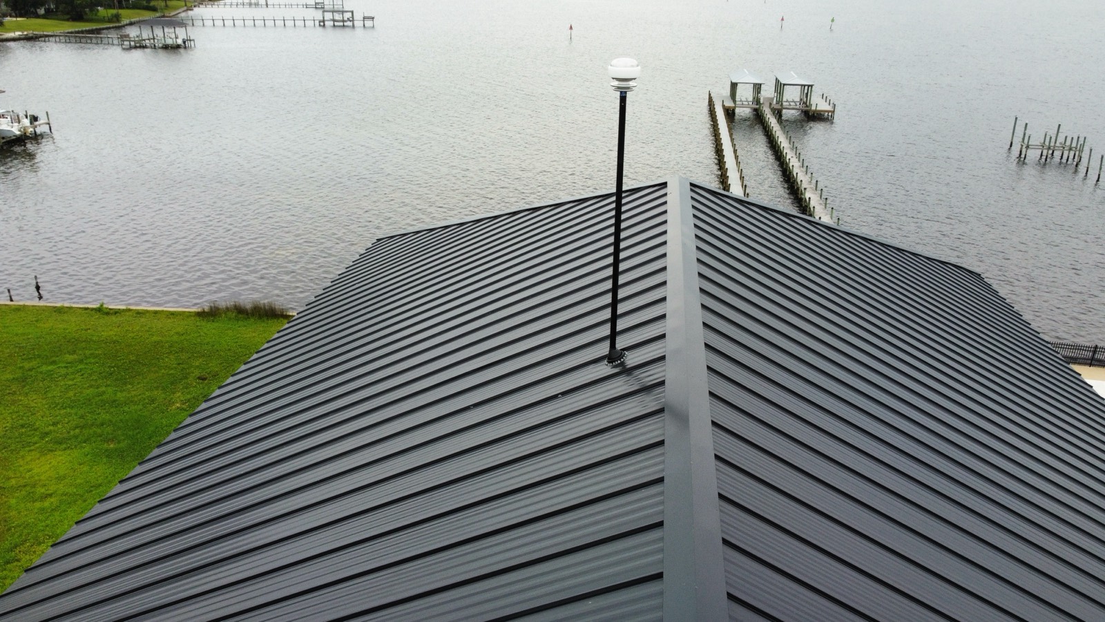 DFS Electric lightning protection air terminal installed on a waterfront standing-seam metal roof, Panama City FL